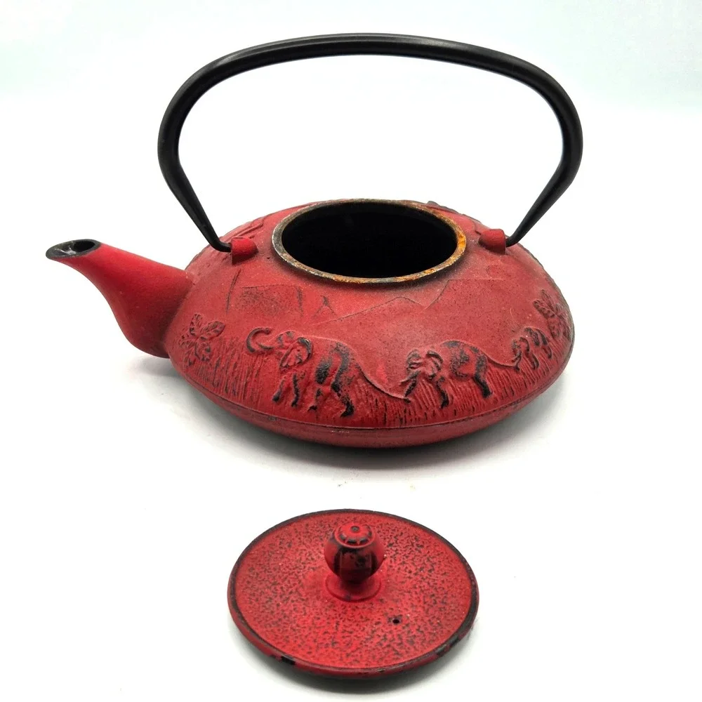 Vintage Japanese Teapot Teavana Cast Iron Red With Elephants RETRO‎